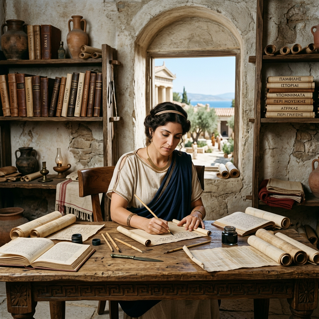 Woman writing on a scroll among books and scrolls